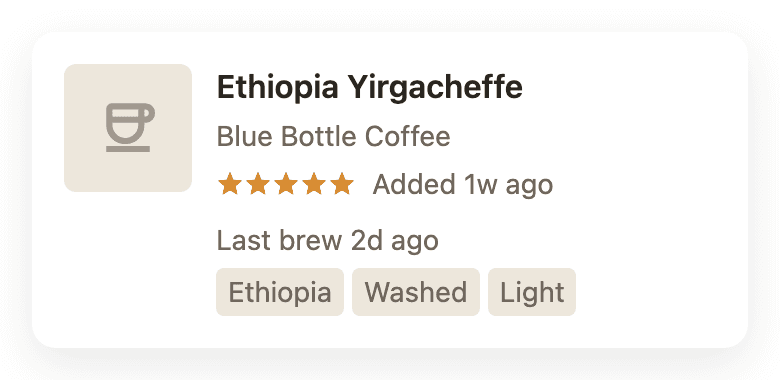 A bean card showing Ninga Hill Natural Anaerobic coffee details in the Better Brew app