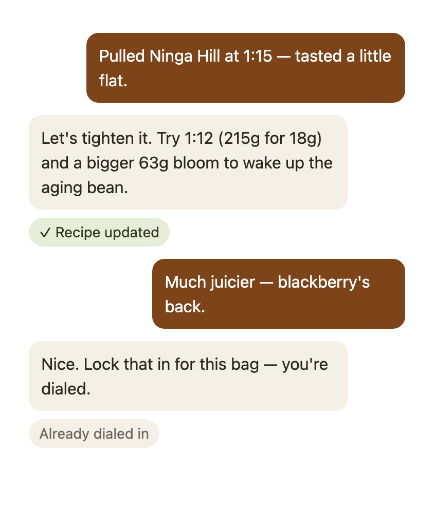 AI coaching chat showing brew feedback and recipe adjustments in the Better Brew app