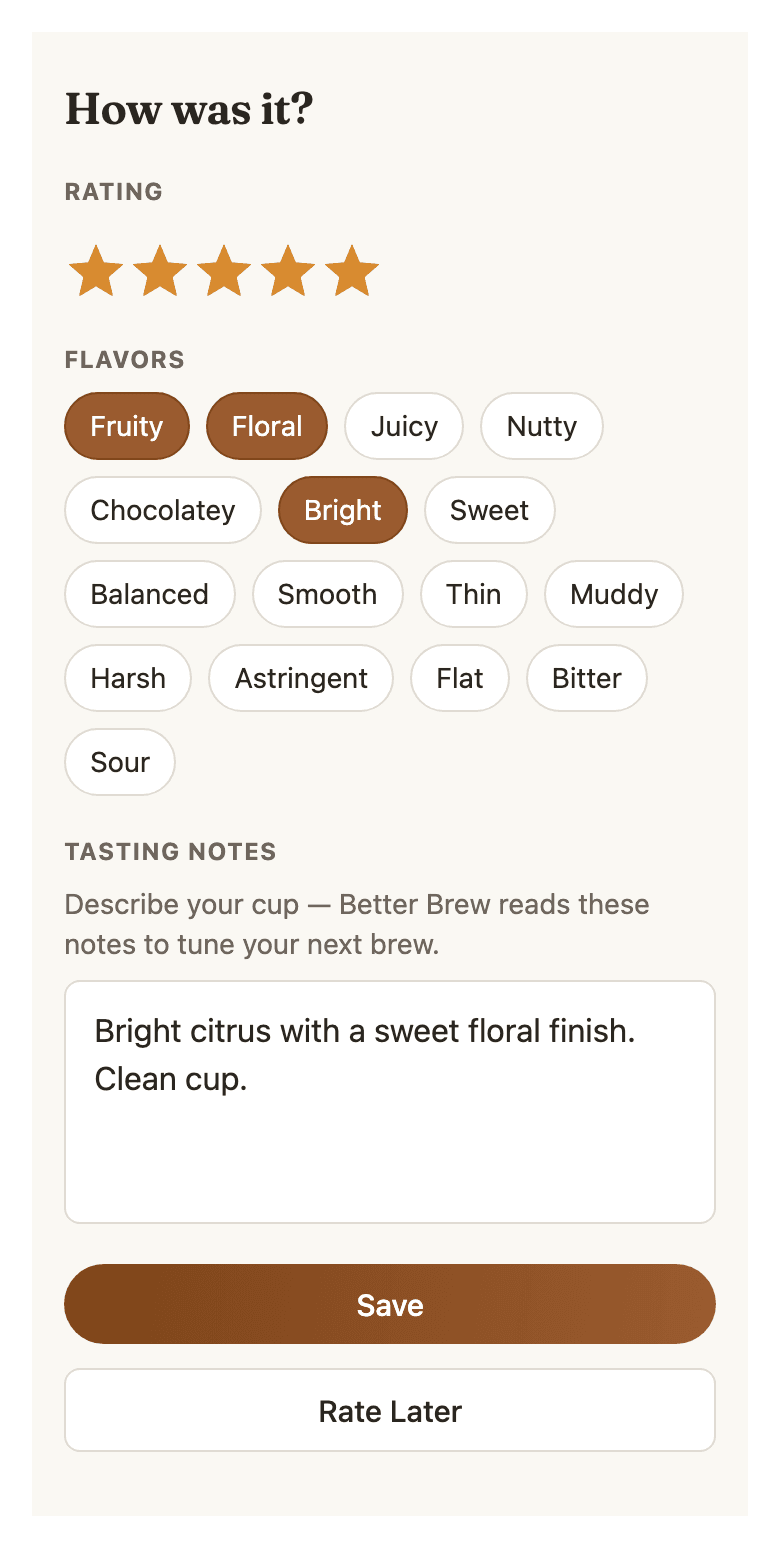 Logging tasting notes for a brew in the Better Brew app